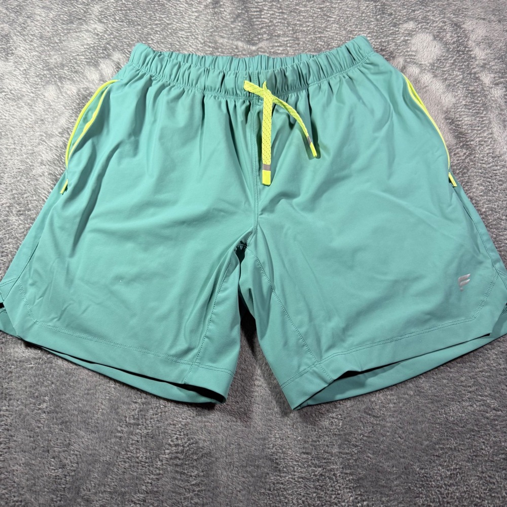 Fabletics Women Teal Green Neon Yellow Drawstring Active Gym Shorts Size Small
